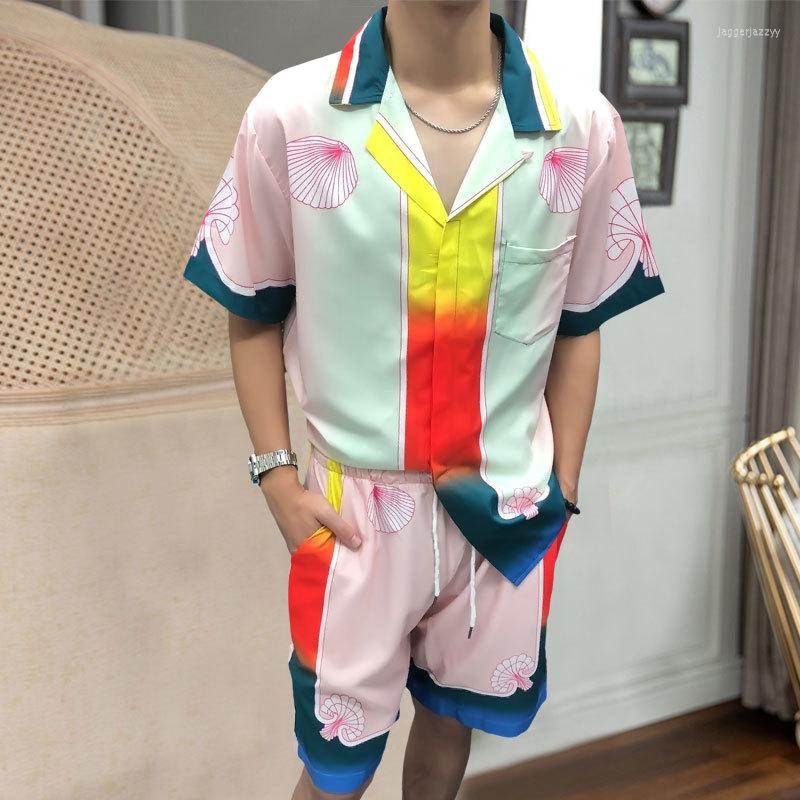 

Men's Tracksuits 2023Men Summer Shirts Shorts Men Clothing Color Stitching Print Shirt Suit Casual Loose Beach Short Sleeve Set, 24