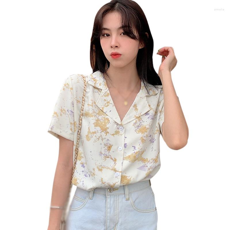 

Women's Blouses Summer Women's Tie-Dyed Print Shirt Notched Casual Loose Short Sleeve Chiffon Tops