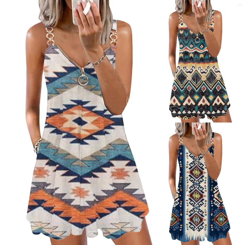 

Casual Dresses Mini Dress Women Sexy Aztec Geometric V Neck Strap Summer Beach Outfits Sleeveless Holiday Sundresses Vestidos 2023, Beige