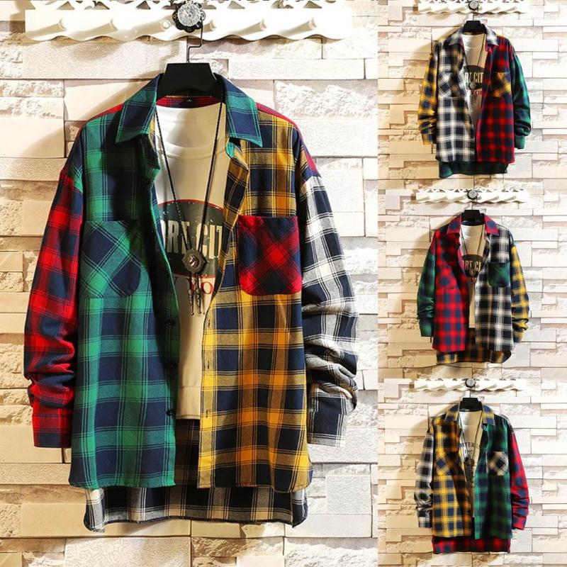 

Men's T Shirts Sequin Shirt Men Men's Long Sleeve Patchwork Turndown Collar Plaid Casual Top Blouse Woken, Red