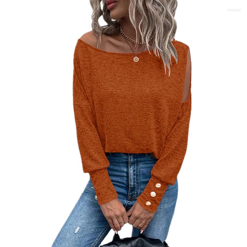 

Women' T Shirts Women' Fashion T-Shirt Autumn Winter Long Sleeve Solid Color Ladies Tops Off Shoulder Button Oversized Female, Dark brown