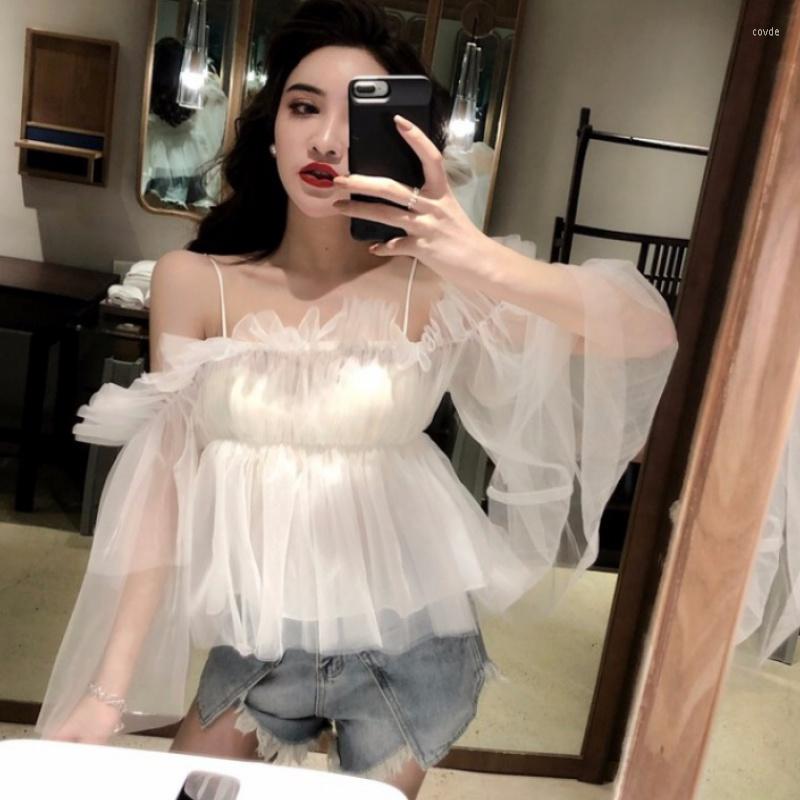 

Women's Blouses Women Summer Flare Sleeve Slash Neck Basic Ruffles Shirt Vintage Lady Elastic Slim Mesh Gauze Pullover Party Pleated Blouse, Women blouse shirts