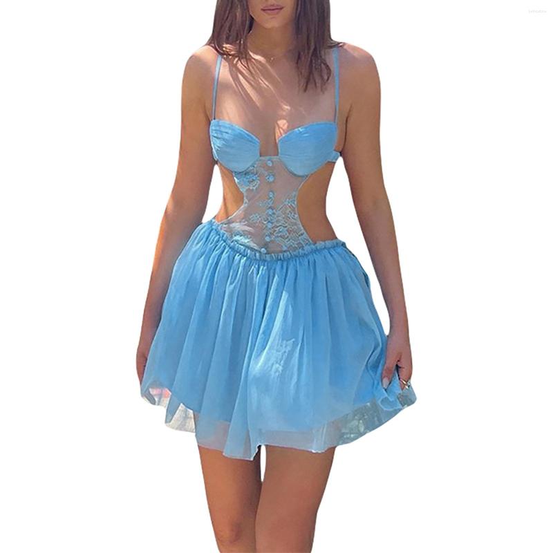 

Casual Dresses 2023 Ladies Sexy Camisole Tanks Summer Women' Sleeveless Backless Elastic Waist Solid Color Tulle Dress, Blue