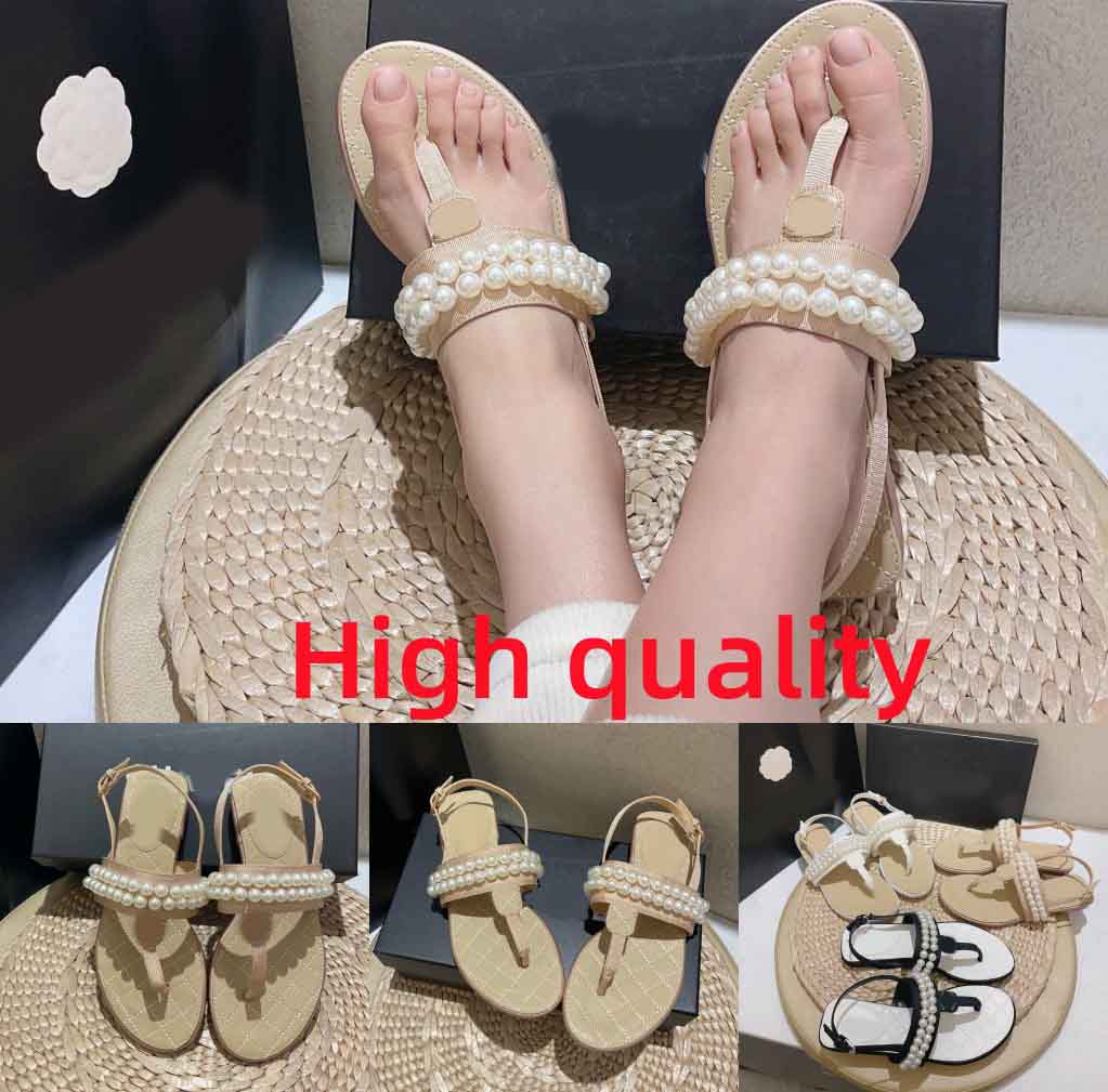

Luxury Lady Pearls Flip Flop Casual Shoes Designers Sandals Summer Beach Leather T Buckle Strap Beading Sandal Slippers Khaki Black White Flat Running Beach Shoe, Color 2