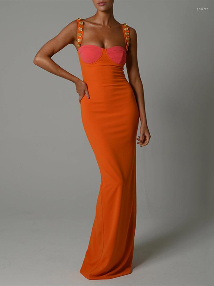 

Casual Dresses Summer Sexy Celebrity Long For Women 2023 Elegant Spaghetti Straps Sleeveless High Split Bodycon Runway Club Party Dress, Orange