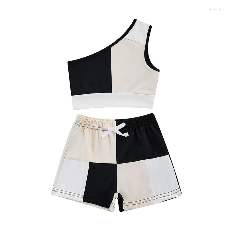 

Clothing Sets Kids Girls Casual Suit Color-Contrast One Shoulder Sleeveless Tops Patchwork Short Pants