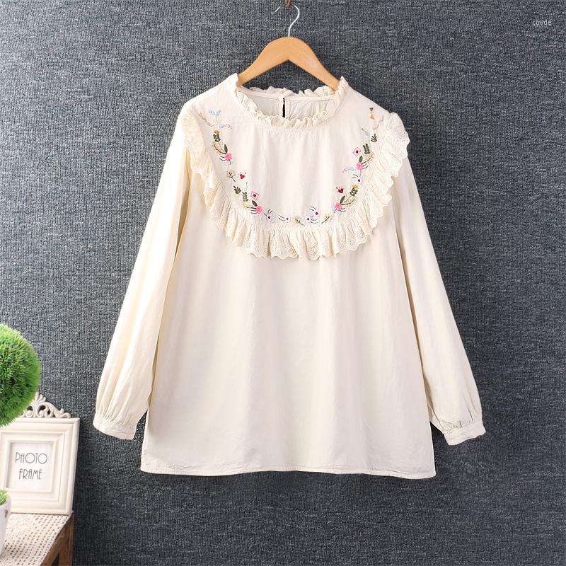 

Women's Blouses Spring Sweet Preppy Style Embroidery Top For Woman Long Sleeve Tops K882, Beige