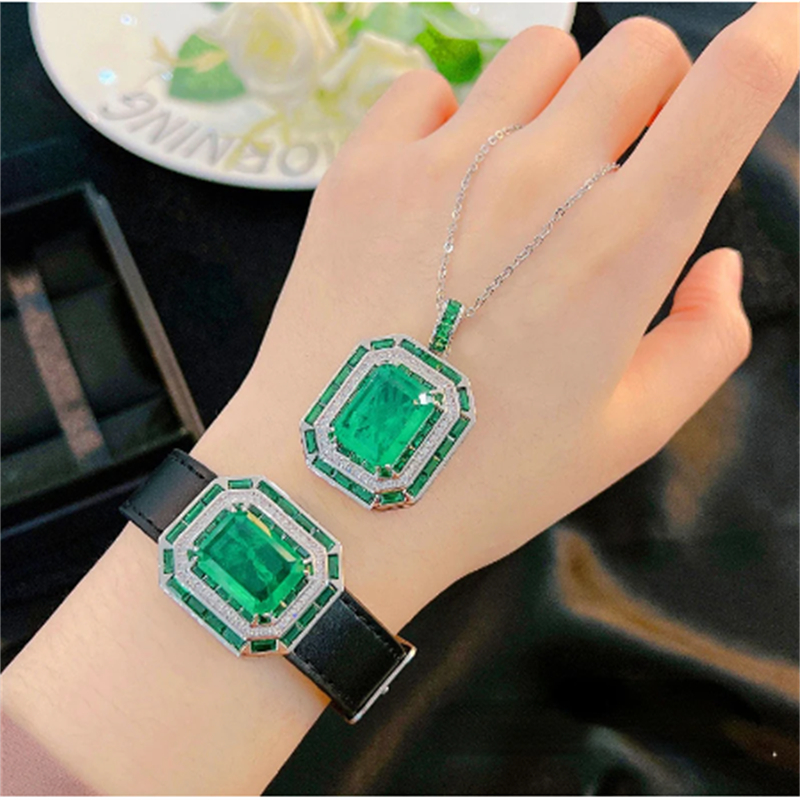 

Valuable Leather Lab Emerald Jewelry set 14K White Gold Engagement Wedding Bracelet Necklace For Women Men Promise Gift
