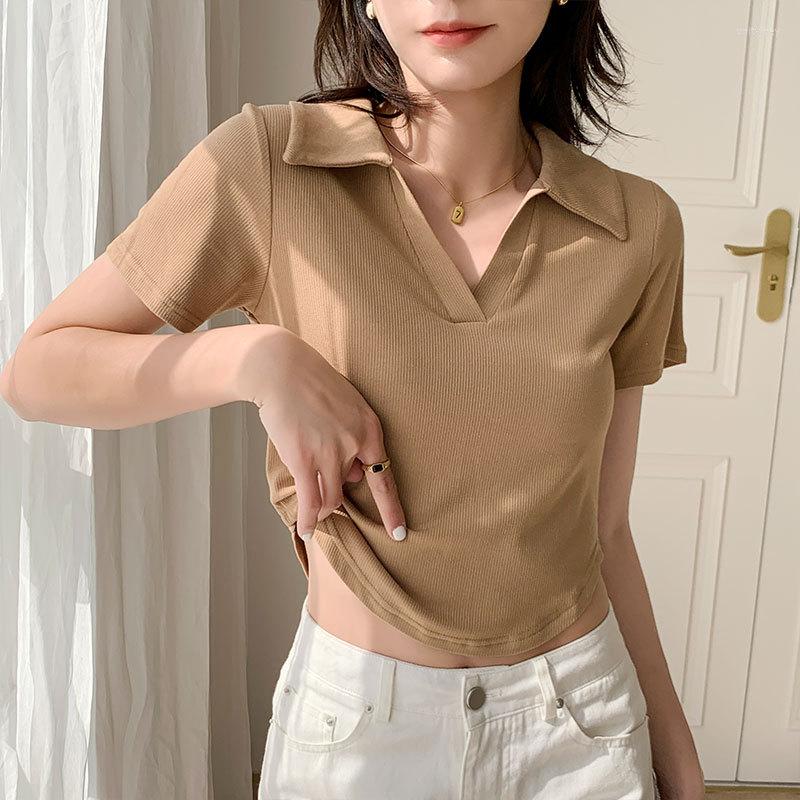 

Women' T Shirts Women' Solid Color V Neck T-Shirt Casual Short Sleeved Knitted Polo Lapel Tee Crop Tops, Green