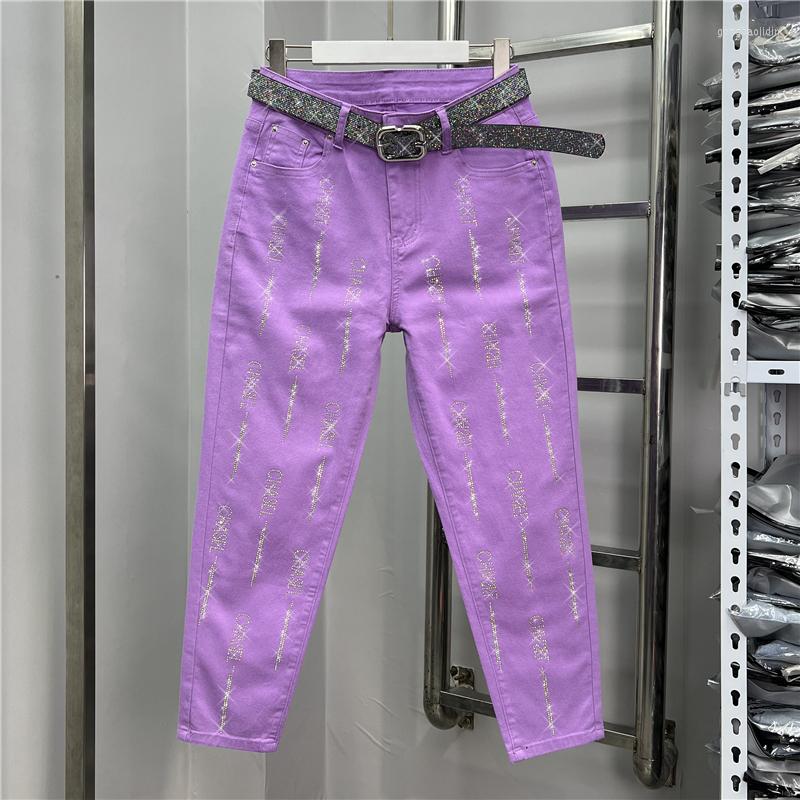 

Women's Jeans Blingbling Letters Drilling Ankle-length Women Harem Pants 2023 Spring Summer High Waist Stretch Denim, Purple