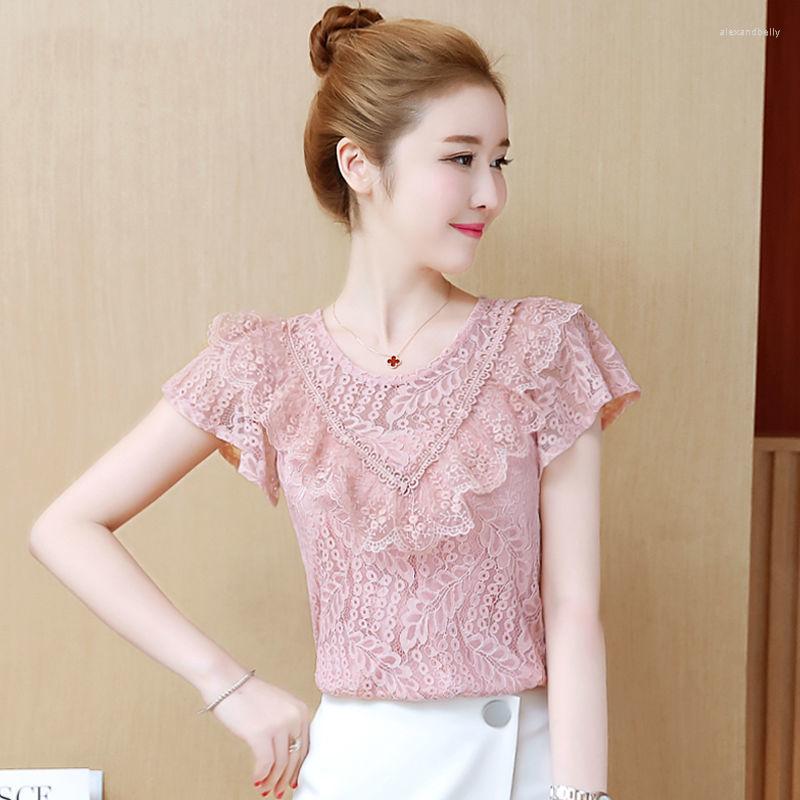 

Women's Blouses Chiffon Summer 2023 Korean Flowers Short Sleeve Women Tops Embroidery Lace Shirt Petal Round Neck Blusas Mujer D07, Pink