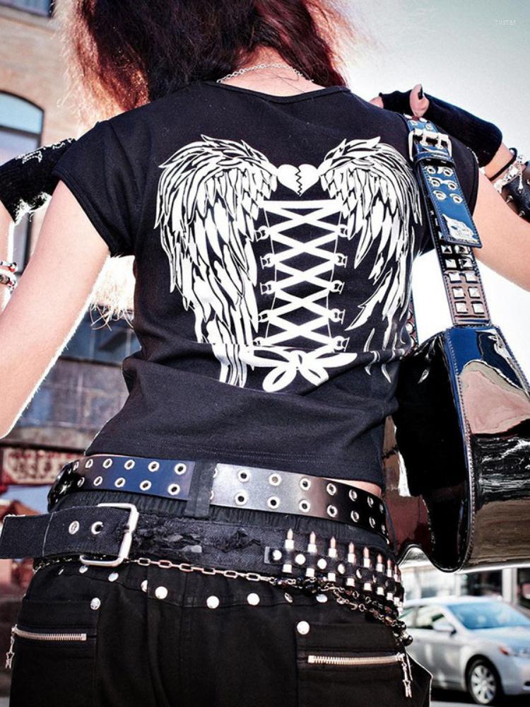 

Women's T Shirts Wing Print Short Sleeve T-Shirt Y2k Slim Crop Top Streetwear Women's Tee Summer Casual Gothic Dark Round Neck Fit, Black
