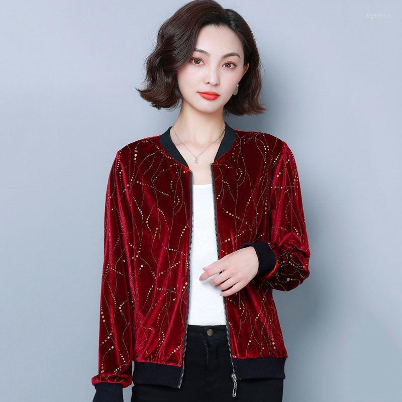 

Women's Jackets 2023 Spring And Autumn Gold Velvet Printed Round Neck Jacket Women's Casual Long-sleeved Baseball Uniform Top Female, Black