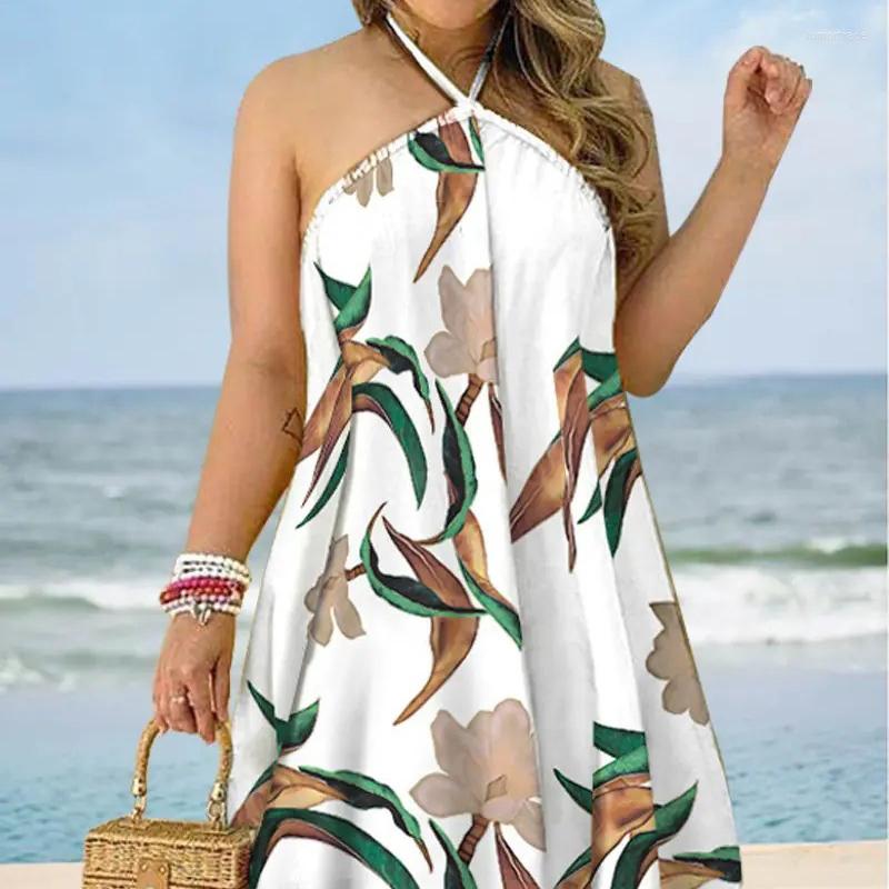 

Casual Dresses Women's Sexy Loose Vintage Dress Summer Backess Spaghetti Strap Boho Party Halter Neck Print Female Sundress Clothing, Coconut leaf