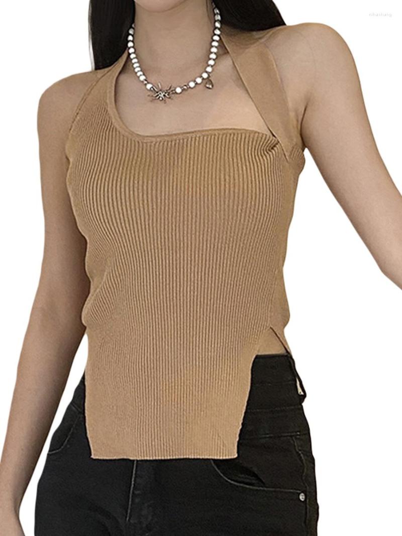 

Women' Tanks Women Sleeveless Cami Tank Top Sexy Irregular Halterneck Backless Bodycon Retro Summer Crop Vest Tee Shirt, Khaki
