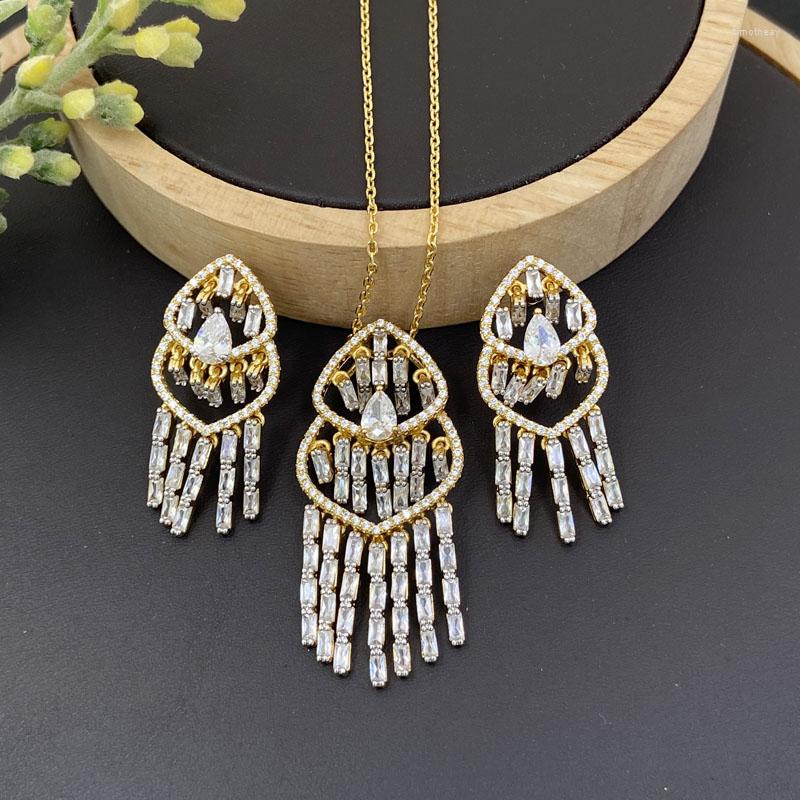 

Necklace Earrings Set Lanyika Fashion Jewelry Delicate Hollow Tassel Zirconia Micro Pave With Earring For Women Wedding Banquet Gift, Picture shown