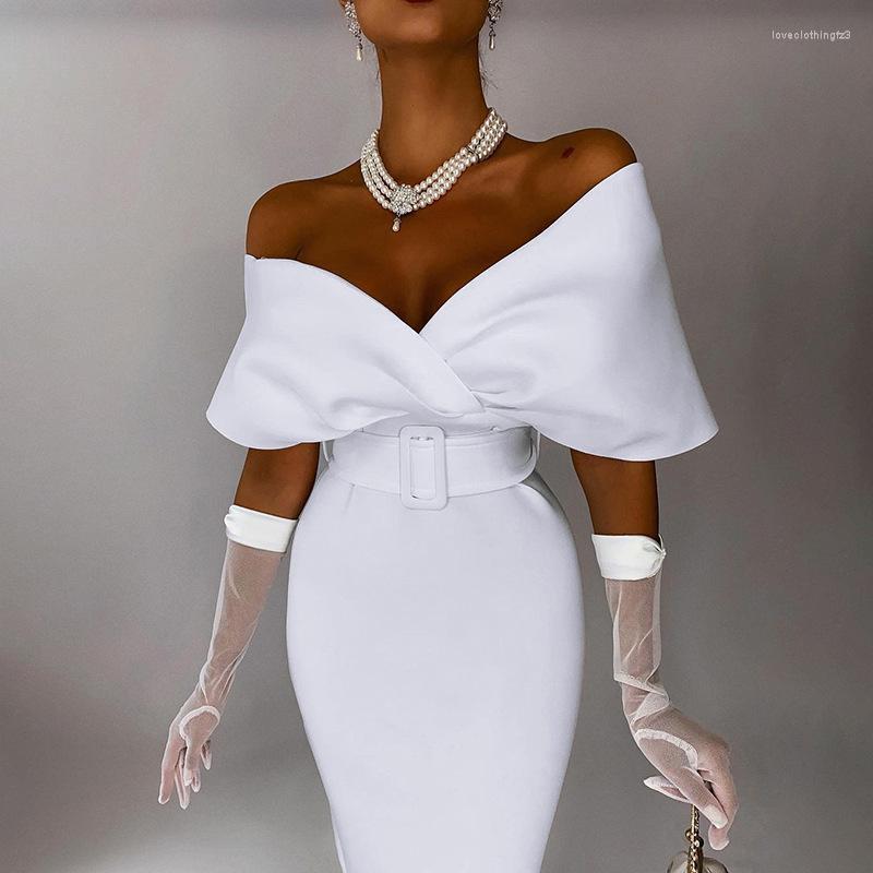 

Casual Dresses Ashgaily Evening With Belt Off Sleeves Sexy V Neck Gown Elegant Formal Party Dress, Csm21495d