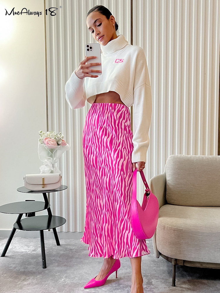 

Skirts Mnealways18 Elegant Women Zebra Printing Skirts Women Pink High Waist A-Line Skrits Office Ladies Satin Flowing Midi Skirts 230414, Rose pink