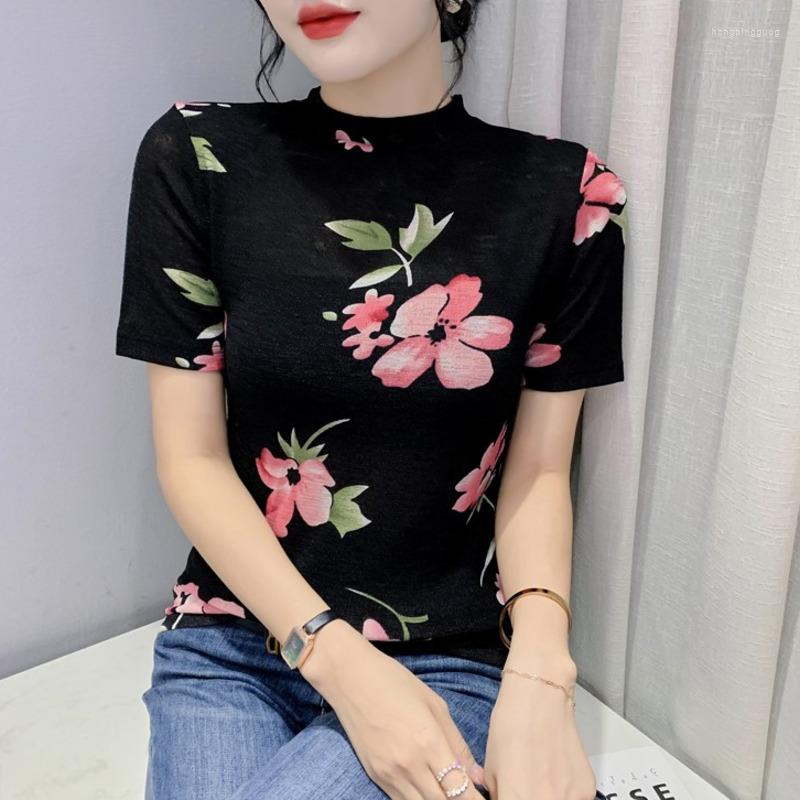 

Women' T Shirts Flower Printed Black Shirt Women Summer Elastic Cotton Skinny Female O-neck Sexy Basic Women' T-shirt Vintage