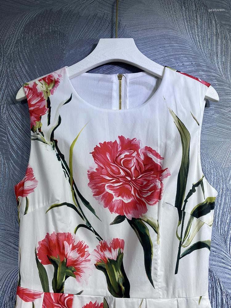 

Casual Dresses Women Holiday Long Dress Carnation Printed Elegant Sleeveless Tank Cotton, Multi