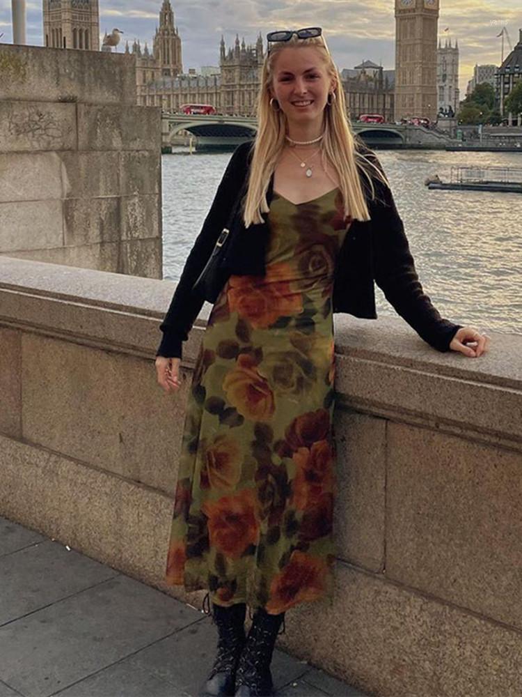 

Casual Dresses 2023 Women Vintage Spaghetti Strap Long Floral Cutout Bodycon Dress Sleeveless Backless Slim Streetwear, As shown