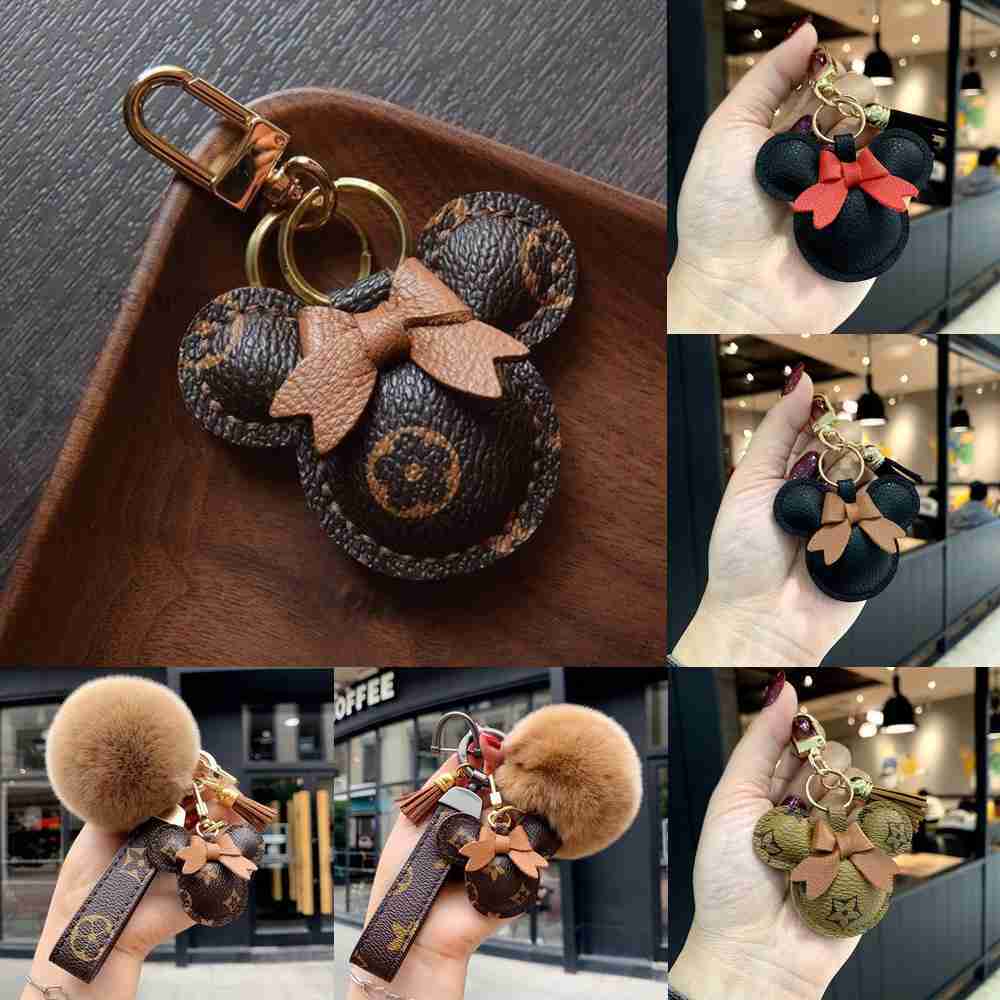 

Designer Keychain Bear Head Leather Fur Ball Pendant Key Chain Bow Car Pendant Metal Fashion Personality Creative Cute