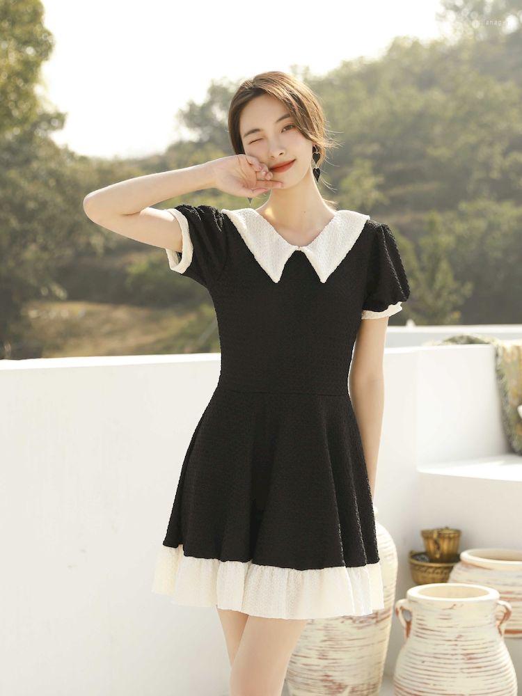 

Women's Swimwear Swimsuit Ladies Spring One-piece Skirt Style Bikini Conservative Cover Belly Slim Beach Lapel Wear Dress, Black