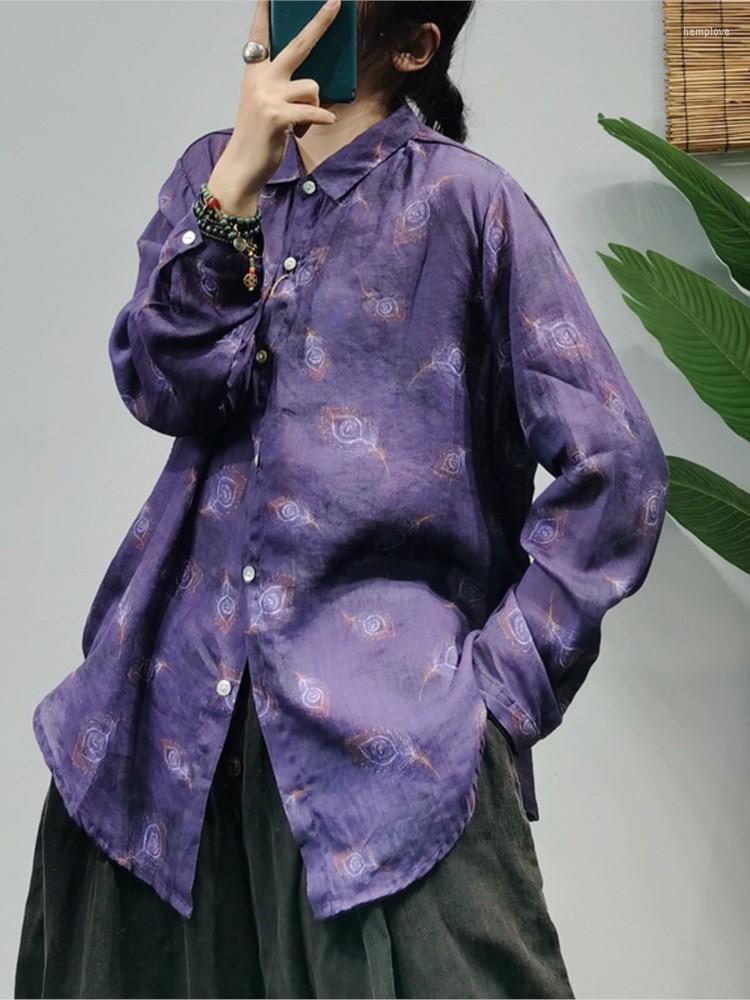 

Women's Blouses 2023 Spring Summer Women Shirt Retro Print Casual Ramie Tops Ladies Cardigan Button Long-sleeved Loose Blouse, Green