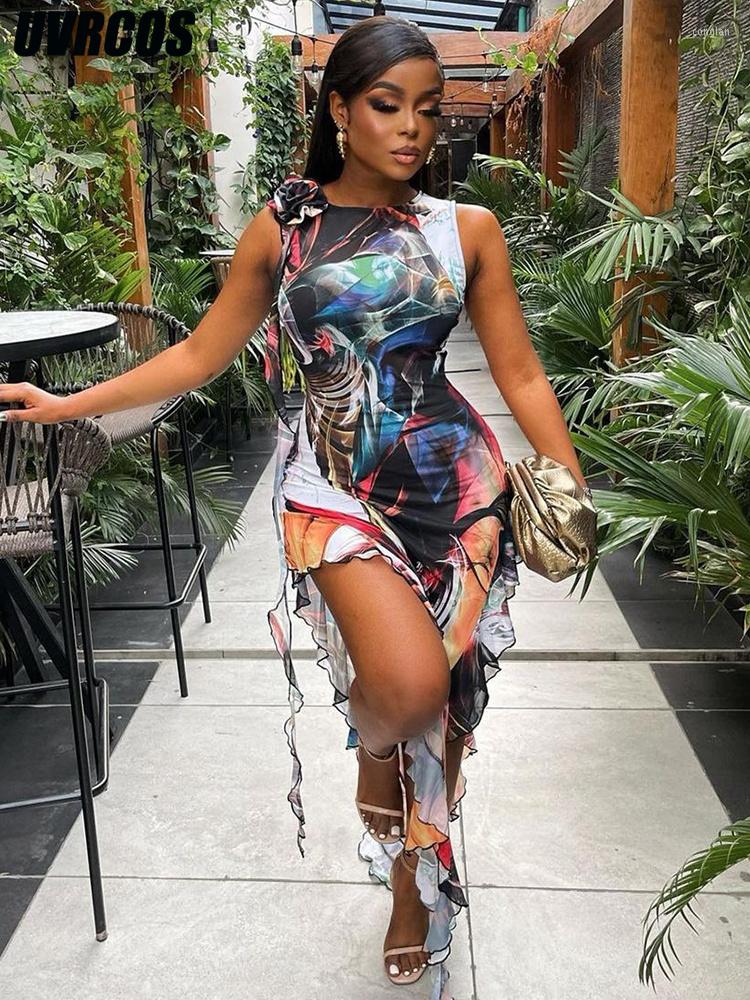 

Casual Dresses UVRCOS 2023 Summer In Abstract Printing Sleeveless Ruffle Spliced Midi Dress Street Style Sexy Party Clubwear, Multi