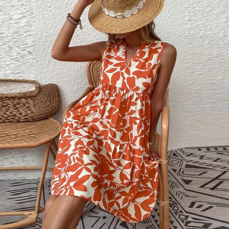 

Casual Dresses Women Sleeveless Sundress Elastic Boho Printed V-neck Skirt Pleated Loose A-line Tunic Female Summer Beachwear, Blue