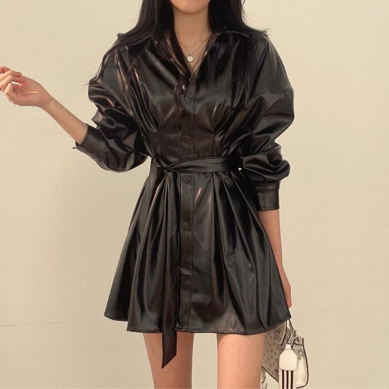 

Women's Leather Korean Chic Retro Personality V-neck Single Breasted Lace-up Waist Mid-length Motorcycle Suit Jacket Coat Female, Black