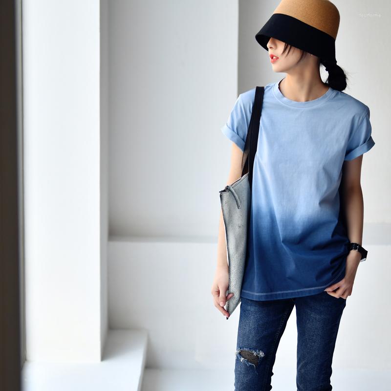 

Women's T Shirts MICOCO T3566C Simple And Versatile Gradual Dyed Comfortable Cotton Ball T-shirt With Small Round Collar Short Sleeves, Blue