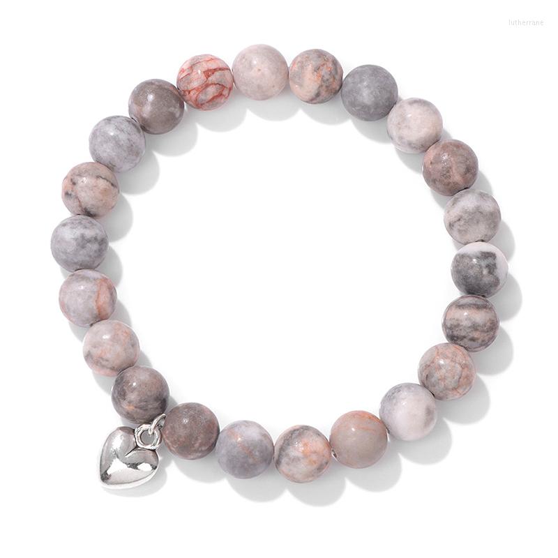 

Strand Natural Pink Zebra Jaspers Stone Beads Bracelet Handmade 8mm Amazonite Beaded Heart Pendant Women Men Jewelry Yoga Gift