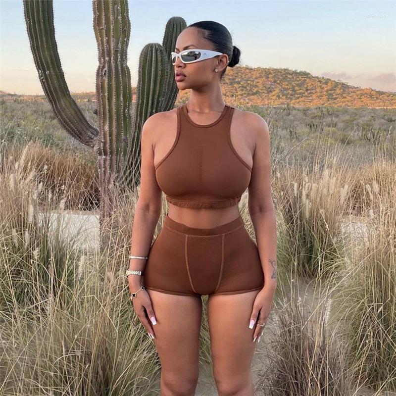 

Active Sets Sport Women Tracksuit Crop Top Vest High Waist Short Two Pieces Set Fitness Tight Casual Gym Sportswear, Auburn