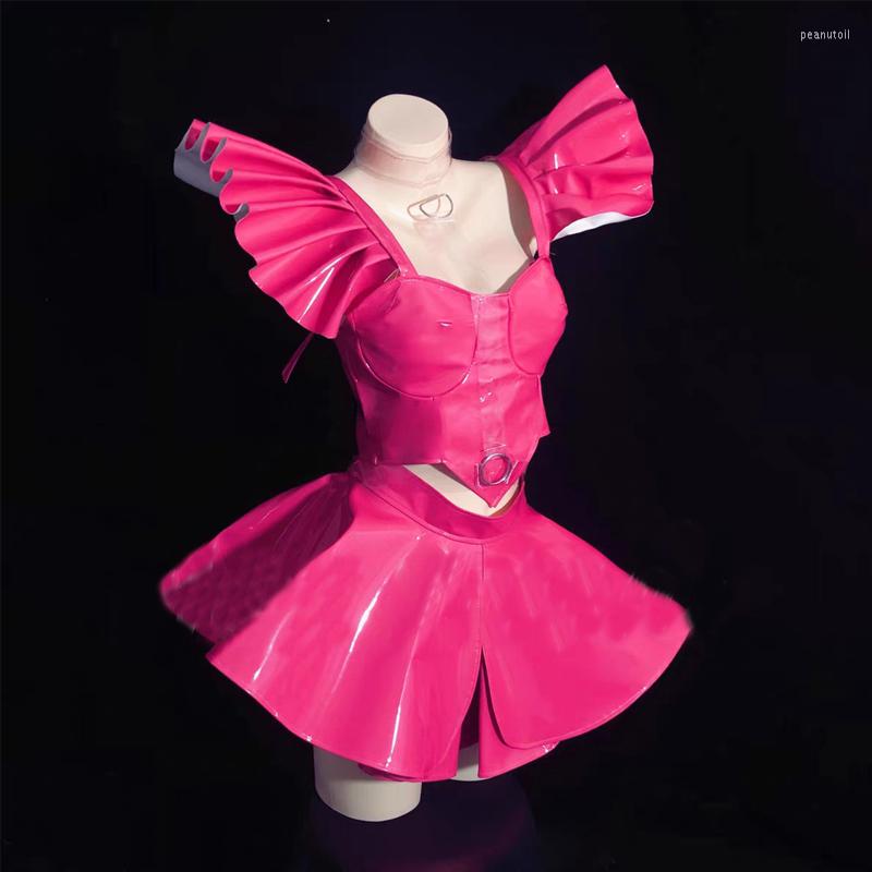 

Stage Wear Nightclub Bar DJ Gogo Dance Costume Rose Red PU Leather Mini Skirt 2 Piece Rave Outfit Team Sexy Performance