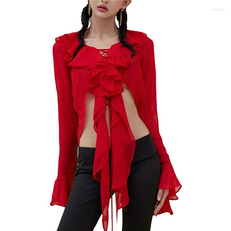 

Women' Blouses Xingqing Fairycore Grunge Blouse Top Women Red V Neck Flared Long Sleeve Shirt With Ruffle Hem Elegant Lady Clothes, As photo shows