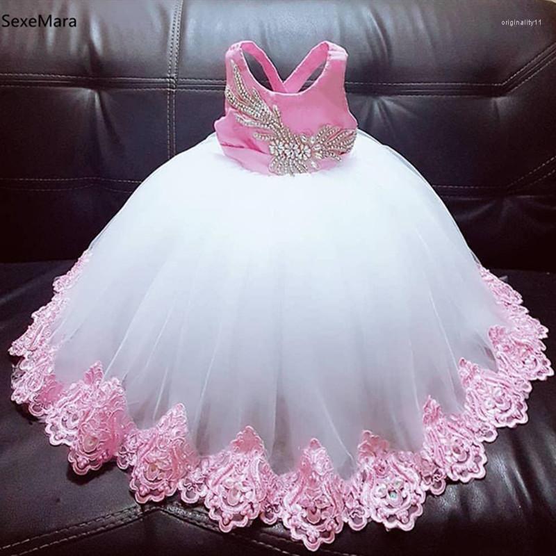 

Girl Dresses Flower For Weddings Party Ceremony Gown Cap Sleeves Tulle Lace First Communion Little Girls, Pink