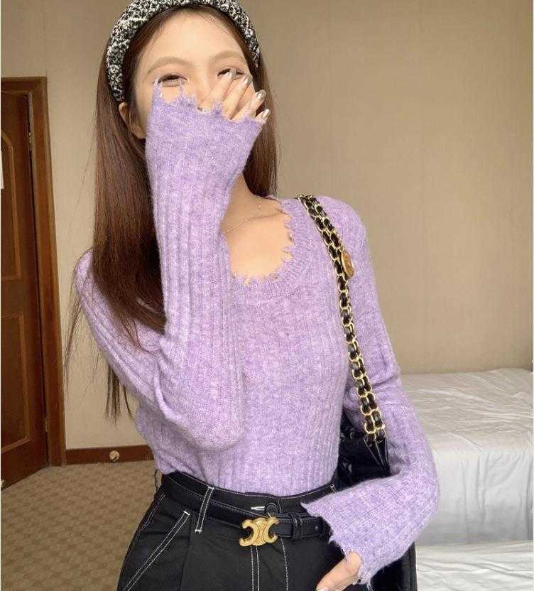 

Womens Ragged Round Neck Sweaters Sunken Stripe Knitwear Autumn Trendy Sense Of, Oat color