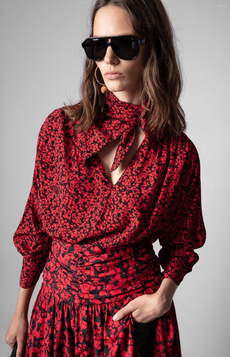 

Women' Blouses Women' Vintage Printing Long Sleeve Lace-Up Collar Blouse, Red