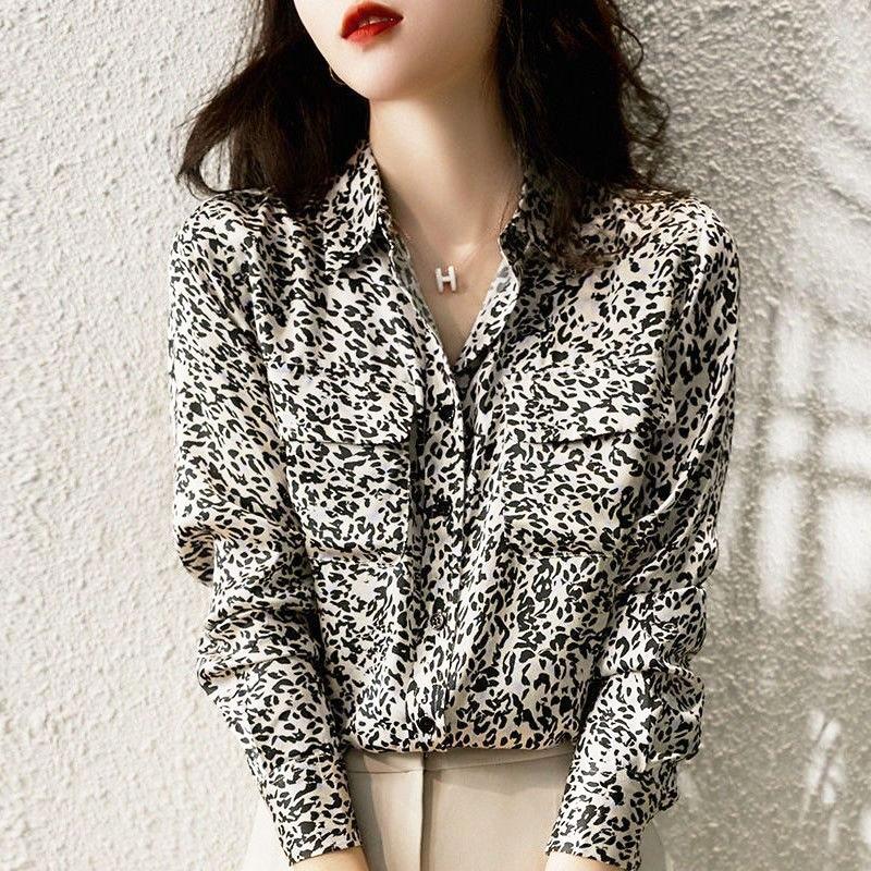 

Women's Blouses Spring Polo-Neck Single Breasted Leopard Office Lady 2023 Elegant All-match Korean Fashion Chic T-Shirt Tops Shirt, Black