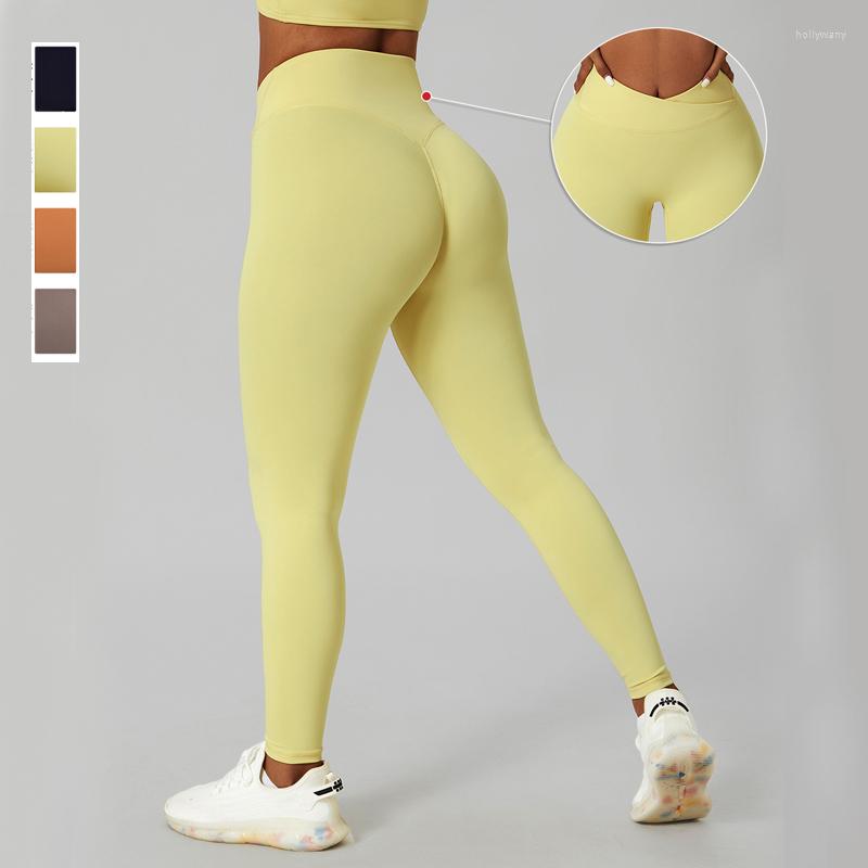 

Active Pants Crossover High Waist Gym Leggings Women Solid Color Super Stretch Fitness Yoga Sexy Hips Push Up Workout Running Tights, Yellow