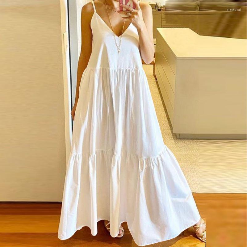 

Casual Dresses Fashion Simple A-Line Dress Vestidos Summer Loose Spaghetti Straps V-Neck Maxi Women Solid Color Pleated Long, 01 white
