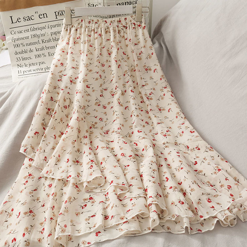 

Skirts Rimocy Summer Long Flower Skirt Women Korean Style Ruffles Elastic Waist Skirts Woman A Line Midi Chiffon Skirt Female 230414