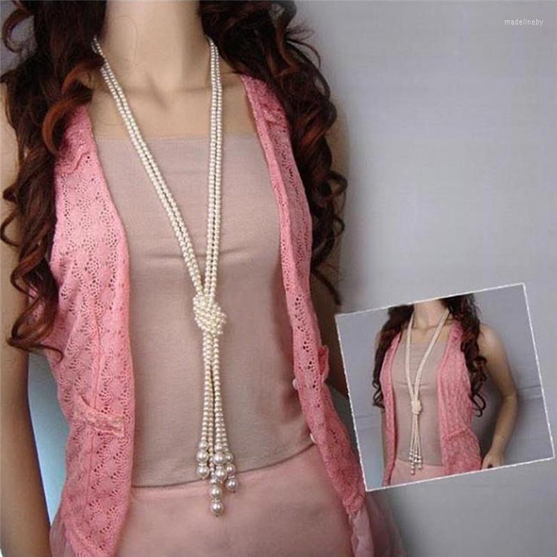 

Chains 115cm Classic Double Knot Simulated Pearl Tassel Long Necklace Knotted Female Fashion Sweater Boho Jewelry
