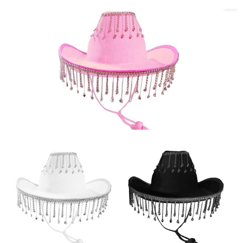 

Berets Q1FA Cowboy Hat With Rhinestones Fringe Glittering Rave Cowgirl Disco, White