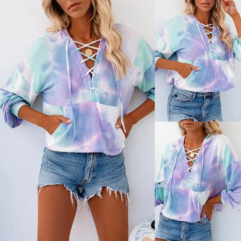 

Women' Polos Women Long Sleeve V-neck Tie-dye Printed Hooded Pockets Drawstring Sweatshirts, Light purple