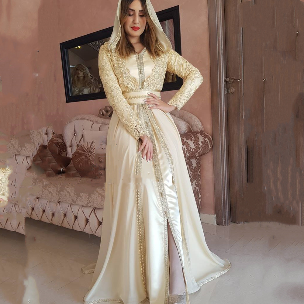 

Elegant Arabic Moroccan Kaftan Evening Formal Dresses With Hat Lace Appliques Long Sleeves Floor Length A-Line Modest Muslim Beige Prom Party Gowns, Black
