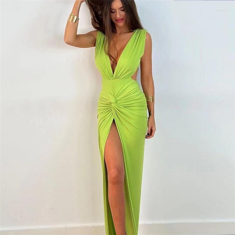 

Casual Dresses Sexy Sleeveless V Neck Maxi Evening Birthday Dress Women Summer Elegant Bodycon Backless Draped Split Long Club Party
