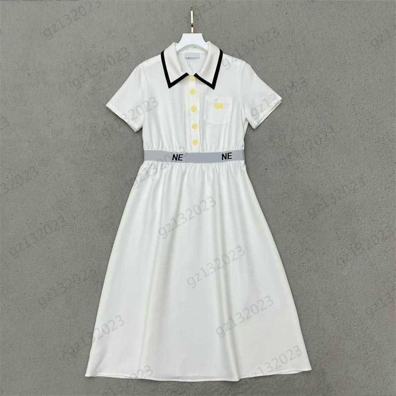 

Womens Dresses Brand Metal Logo Decorative Pocket Lapel Short Sleeve Dress Waist Fold Stitching Letter Webbing Pull High Waist Line Slimming Maxiskit