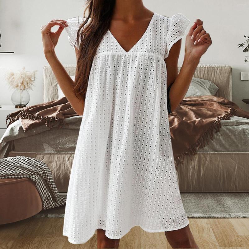 

Casual Dresses Hollowed Out Dress For Women V Neck Petal Sleeve Mini White Summer Lace 2023 Holiday Beach Wear